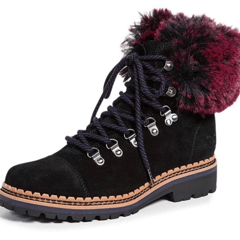 Sam Edelman Bowen Boots Womens 9 Black Leather Suede Lace Up Pink Faux Fur